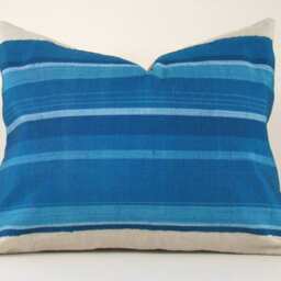 Indigo Striped Pillow Cover Hand Woven Japanese Silk Obi, Eclectic Decor - thumbnail 2