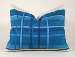 Indigo Striped Pillow Cover Hand Woven Japanese Silk Obi, Eclectic Decor - thumbnail 1