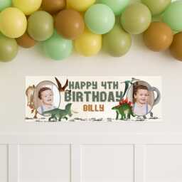 Personalised Dinosaur Birthday Banner - Custom Name & Photo - Colourful Watercolour Kids Dino Party Decoration, For Boys - thumbnail 1