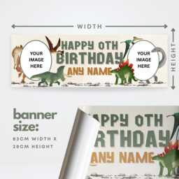 Personalised Dinosaur Birthday Banner - Custom Name & Photo - Colourful Watercolour Kids Dino Party Decoration, For Boys - thumbnail 2