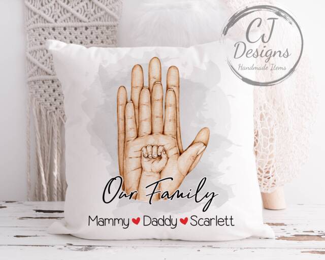 Personalised Family Hands Cushion With Names White Super Soft Cover, Pillow Home Decor - image 1