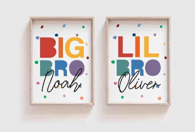 2 Brother Prints, Rainbow Wall Art, Lil Bro Print, Big Sibling Boys Nursery Bedroom Playroom Prints - image 1