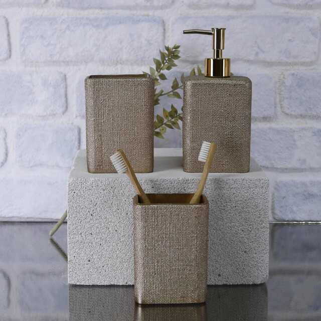 Linen Bathroom Set in Taupe Color/Soap Dispenser, Toothbrush Holders