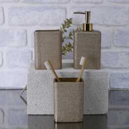 Linen Bathroom Set in Taupe Color/Soap Dispenser, Toothbrush Holders - thumbnail 1