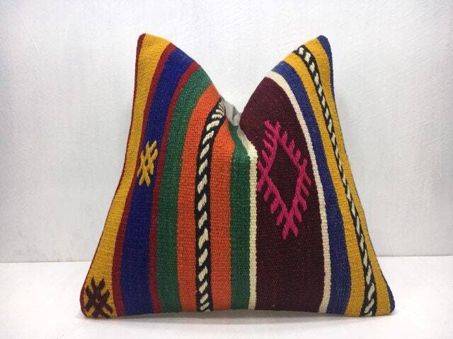 Vintage Kilim Pillow Cover, Bohemian Throw Pillow, Handwoven Turkish Decor - 16x16 - image 1