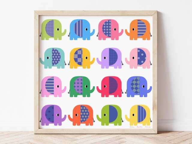 Elephant Walk Colourful Wall Decor Digital Print, Fun Bright Rainbow Colours, Nursery Or Kids Bedroom Decor, Square Poster - image 1