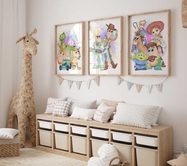 Kids Room Prints - Set Of 3, Toy-Inspired Splash Background Wall Art, Printed Or Framed - image 1