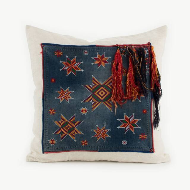 Vintage Hmong Hemp Pillow Cover - Indigo Batik, Star Tassels - 20x20 - image 1