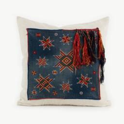 Vintage Hmong Hemp Pillow Cover - Indigo Batik, Star Tassels - 20x20 - thumbnail 1