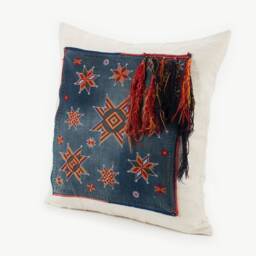 Vintage Hmong Hemp Pillow Cover - Indigo Batik, Star Tassels - 20x20 - thumbnail 3