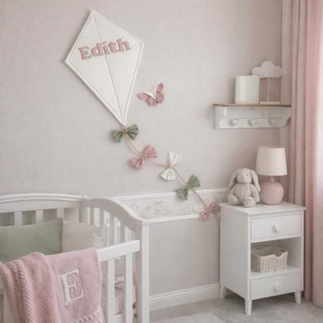 New Born Gift, Personalised Kite Wall Hanging in Cream Cotton Fabric, Nursery Decor With Fabric Bows Cream, Pink & Green - image 1