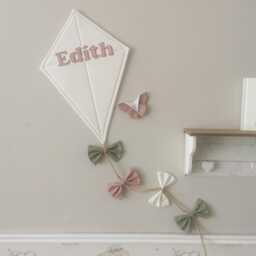 New Born Gift, Personalised Kite Wall Hanging in Cream Cotton Fabric, Nursery Decor With Fabric Bows Cream, Pink & Green - thumbnail 3