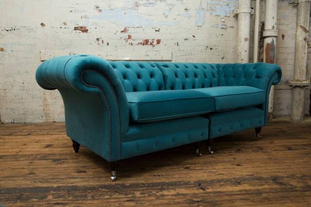 British Handmade 3 Seater Teal Blue Velvet Chesterfield Sofa - Split Design - image 1