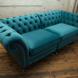 British Handmade 3 Seater Teal Blue Velvet Chesterfield Sofa - Split Design - thumbnail 4