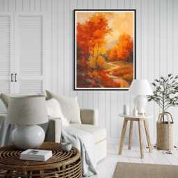 Autumn Forest Art Print Fall Landscape Wall Golden Trees River Path Painting Nature Inspired Woodland Decor Warm Seasonal Home Artwork - thumbnail 3