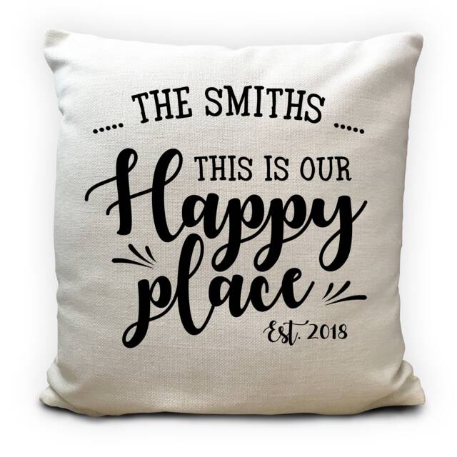 Personalised New Home Wedding Gift Cushion Cover Happy Place House Warming Gift Vintage Style Decor 16 Inch - image 1