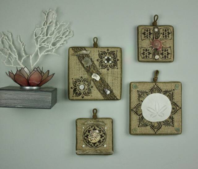 Seashell Wall Art - Set Of 4, Burlap Beach Wall, Sand Dollar Picture, Shell - image 1