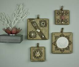 Seashell Wall Art - Set Of 4, Burlap Beach Wall, Sand Dollar Picture, Shell