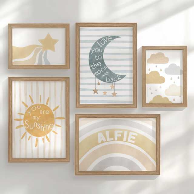 Boho Nursery Gallery Wall Art Set, Personalised Celestial Moon & Sun Prints in Optional Oak Or White Frames, Gender Neutral Baby Room Decor - image 1