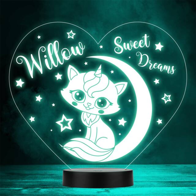 Cute Kitten Unicorn On Moon Dreams Kids Stars Gift Colour Change Night Light - image 1