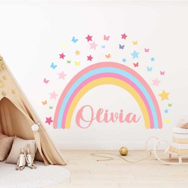 Personalise Rainbow Hearts Butterflies Wall Mural Stickers Nursery Bedroom Set - image 1