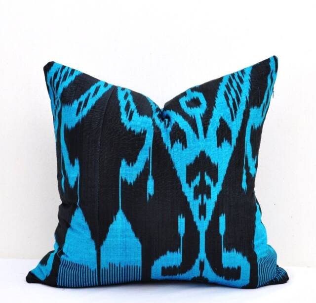 Blue & Black Silk Ikat Pillow Cover, Handloom Decor - 20x20 - image 1