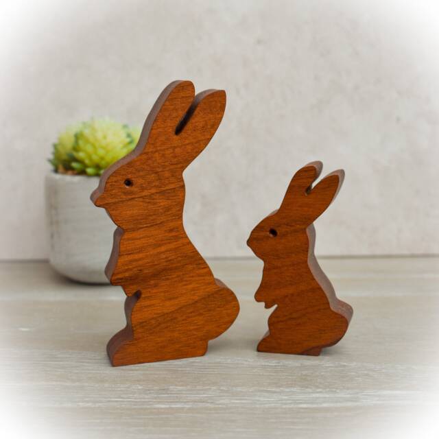 Handmade Wooden Rabbits - Mummy & Baby Bunny Ornament in Sapele Wood - image 1
