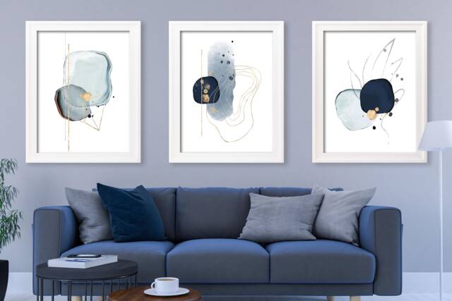 Blue & Gold Abstract Watercolor Prints - Set Of 3 - image 1