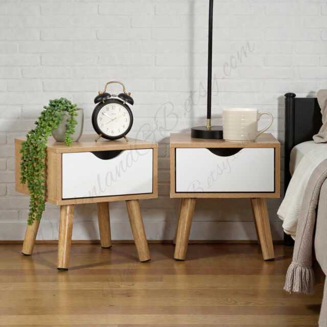 Pair Of Oak & White Bedside Cabinets With Drawer, Modern Small Bedroom Tables - image 1