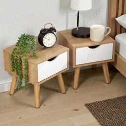 Pair Of Oak & White Bedside Cabinets With Drawer, Modern Small Bedroom Tables - thumbnail 3