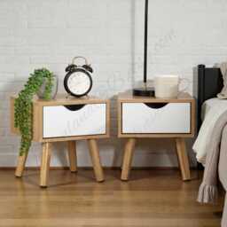 Pair Of Oak & White Bedside Cabinets With Drawer, Modern Small Bedroom Tables - thumbnail 1