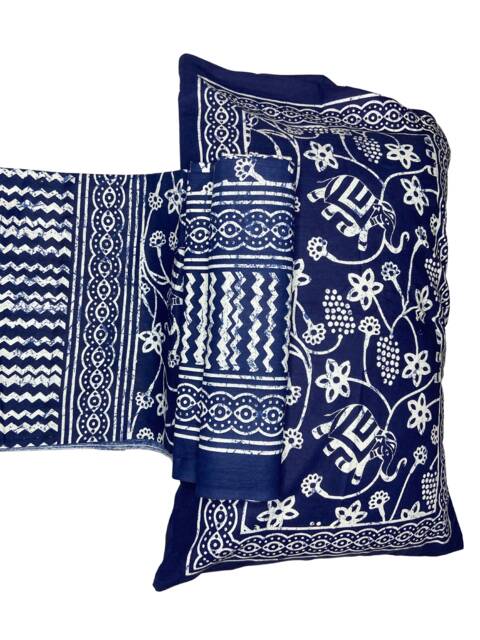 Rectangular Hand Stamped Indigo Block Printed Bedsheet With 2 Zipped Pillow Covers Soft Comfy Bedspread House Blessing Gift - 6090 B29 - image 1
