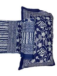 Rectangular Hand Stamped Indigo Block Printed Bedsheet With 2 Zipped Pillow Covers Soft Comfy Bedspread House Blessing Gift - 6090 B29 - thumbnail 1