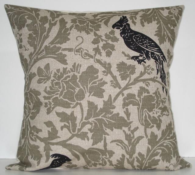New 18x18 Inch Designer Handmade Pillow Cases in Black & Green Grey Floral Bird Textured Fabric