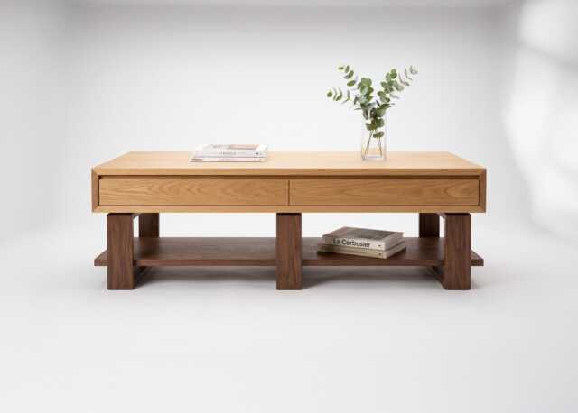 Oak & Walnut Coffee Table - Solid Wood With 4 Drawers & Storage Shelf Minimal - image 1