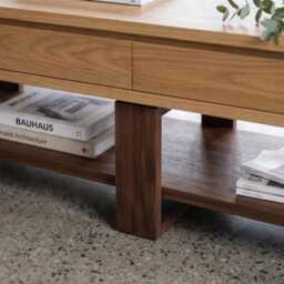 Oak & Walnut Coffee Table - Solid Wood With 4 Drawers & Storage Shelf Minimal - thumbnail 4