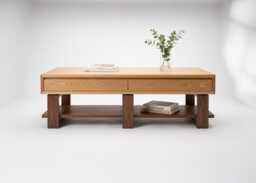 Oak & Walnut Coffee Table - Solid Wood With 4 Drawers & Storage Shelf Minimal - thumbnail 1