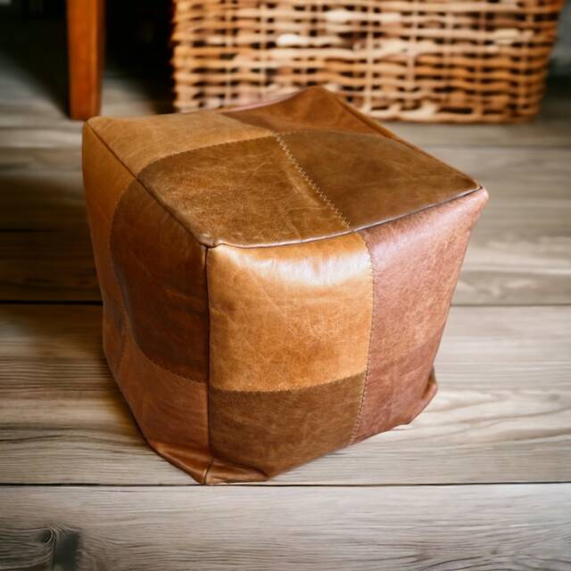 Handmade Genuine Leather Bean Bag Pouf Foot Stool, Modern Boho Decor, Rustic Home Decor - image 1