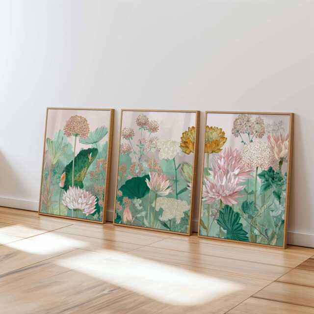 Botanical Wall Art Prints Set Of 3, Modern Floral Posters, Green & Beige Flower Artwork For Living Room, Bedroom Contemporary Home Decor - image 1