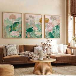 Botanical Wall Art Prints Set Of 3, Modern Floral Posters, Green & Beige Flower Artwork For Living Room, Bedroom Contemporary Home Decor - thumbnail 3