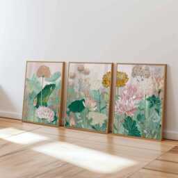 Botanical Wall Art Prints Set Of 3, Modern Floral Posters, Green & Beige Flower Artwork For Living Room, Bedroom Contemporary Home Decor - thumbnail 1