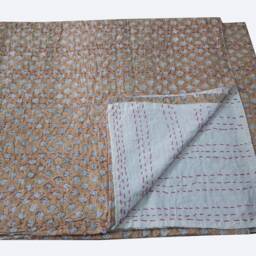 Indian Handblock Printed Kantha Quilt Beiage Color Buti Print Block Throws Multi Size Throw Pure Cotton Blanket - thumbnail 3