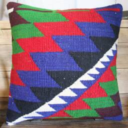 35cm Vintage Kilim Cushion Cover Handwoven - Zig Zag Vibrant Blue Green Red White 1 - thumbnail 2