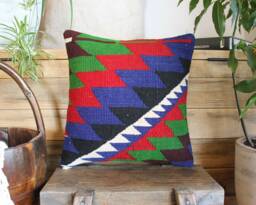35cm Vintage Kilim Cushion Cover Handwoven - Zig Zag Vibrant Blue Green Red White 1