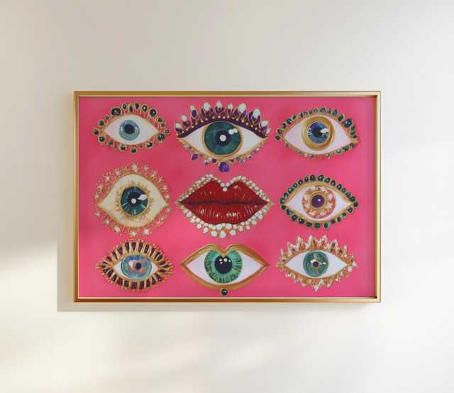 Psychedelic Eye Lips Print Hot Pink Surrealist Wall Art - image 1