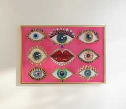 Psychedelic Eye Lips Print Hot Pink Surrealist Wall Art - thumbnail 1