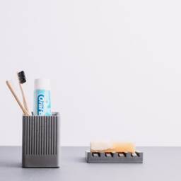 Ribbed Concrete Toothbrush Holder, Fluted Minimalist Bathroom Cup, Modern Grey Stand, Industrial Vanity Organizer, Handcrafted Set - thumbnail 3