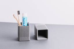 Ribbed Concrete Toothbrush Holder, Fluted Minimalist Bathroom Cup, Modern Grey Stand, Industrial Vanity Organizer, Handcrafted Set - thumbnail 1