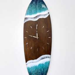 Surfboard Clock With Ocean Waves Beachy Room Decor Wall Art Turquoise Sea Resin Gift - thumbnail 2
