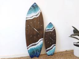 Surfboard Clock With Ocean Waves Beachy Room Decor Wall Art Turquoise Sea Resin Gift - thumbnail 1